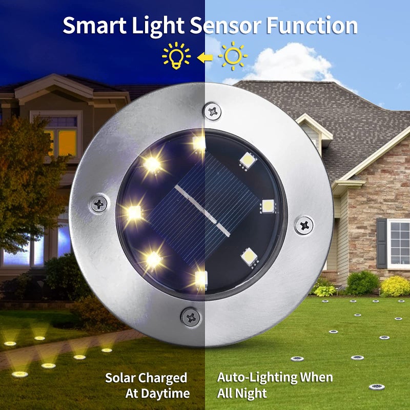 Aogist Solar Ground Lights - 12 Pack, 8 LED, Waterproof Outdoor Disk Lights for Pathway, Yard, Walkway, Patio, Lawn Path (Warm White) - Image 4